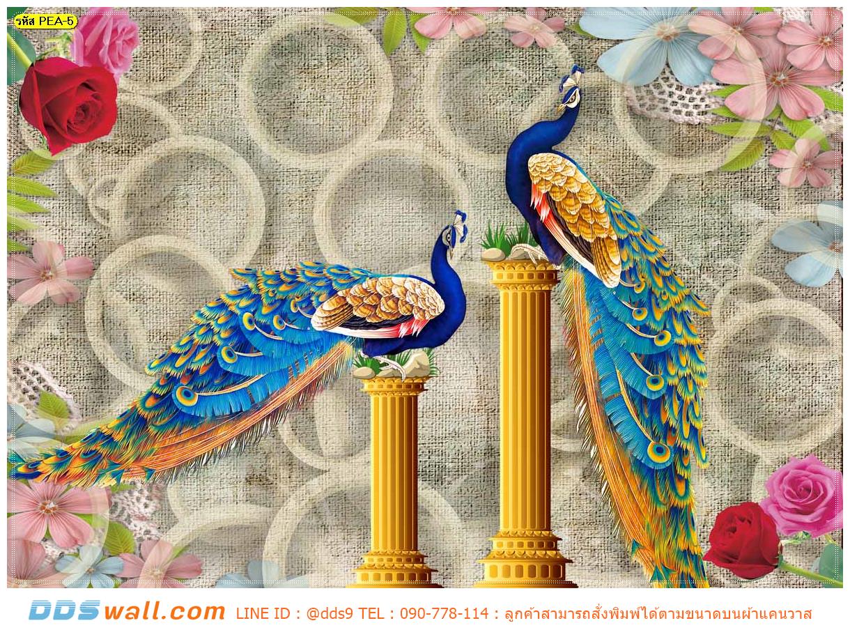 ภาพวิว ภาพศิลปะ ตกแต่งผนัง ศิลปะบนกำแพง ลายนกยูงเกาะเสาโรมัน เสริมฮวงจุ้ย สวยงาม หรูหรา