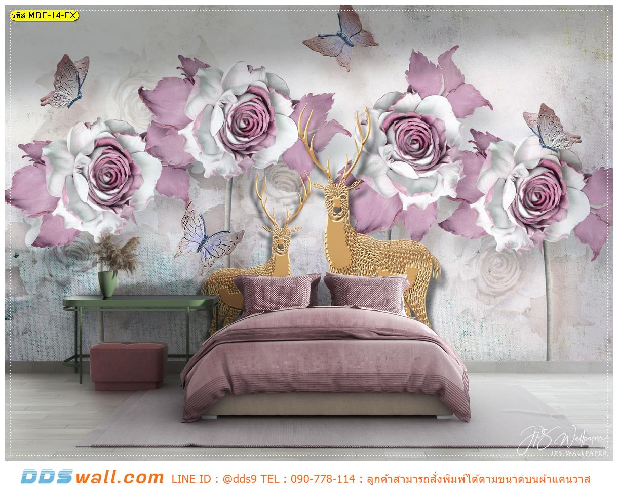 รับพิมพ์ ภาพศิลปะ ผ้าCanvas ติดห้องนอน เพิ่มความสวยงาม ด้วยภาพพิมพ์ลายกวางตกแต่งด้วยดอกไม้สีชมพู