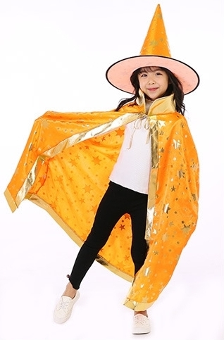 7C107 ชุดเด็ก ชุดฮาโลวีน ชุดแม่มด ผ้าคลุมและหมวก สีส้มลายดาวทอง Orange GoldStar The Witch Halloween