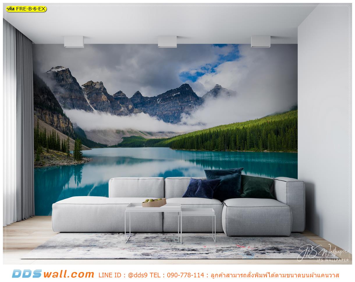 Print wallpaper ตกแต่งห้องรับแขก ภาพสั่งพิมพ์ลายทะเลสาบพื้นหลังภูเขาเต็มไปด้วยหมอก ภาพสีสด สวยงาม