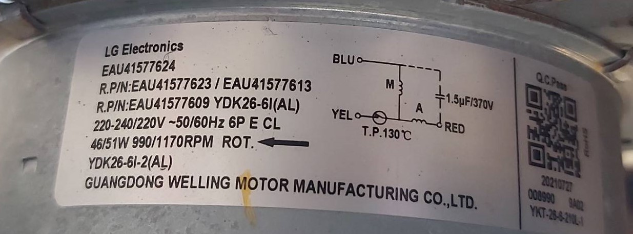 EAU41577624 มอเตอร์คอยร้อน แอร์ LG ใช้ได้ทั้งขนาด 9000 และ 12,000 Btu. พร้อมใบพัดลม