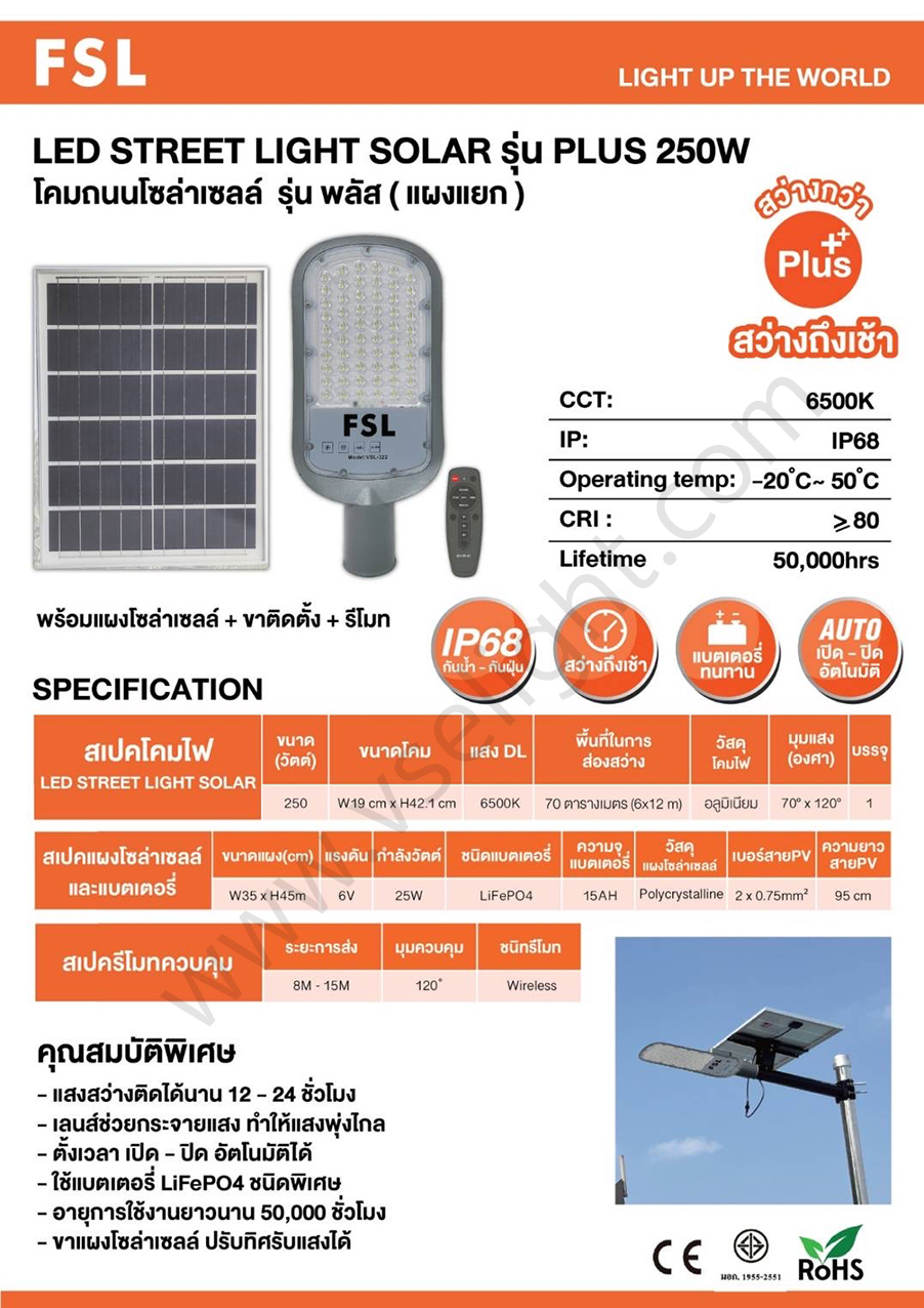 โคม Street Light LED SOLAR 250W 350W 600W FSL รุ่นพลัสแผงแยก โคมถนน LED Solar Daylight 6500K