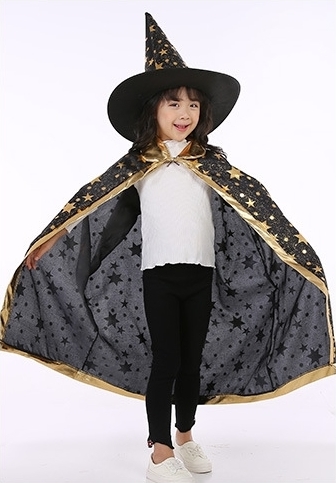 7C102 ชุดเด็ก ชุดฮาโลวีน ชุดแม่มด ผ้าคลุมและหมวก สีดำลายดาวทอง Black GoldStar The Witch Halloween