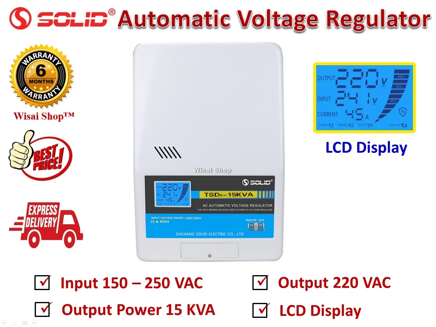SOLID เครื่องปรับแรงดันไฟฟ้าอัตโนมัติ แบบติดผนัง Wall Type Automatic Voltage Stabilizer / Regulator 220 VAC ขนาด 3KVA / 5KVA / 15KVA รุ่น TSD-3KVA / TSD-5KVA/ TSD-15KVA