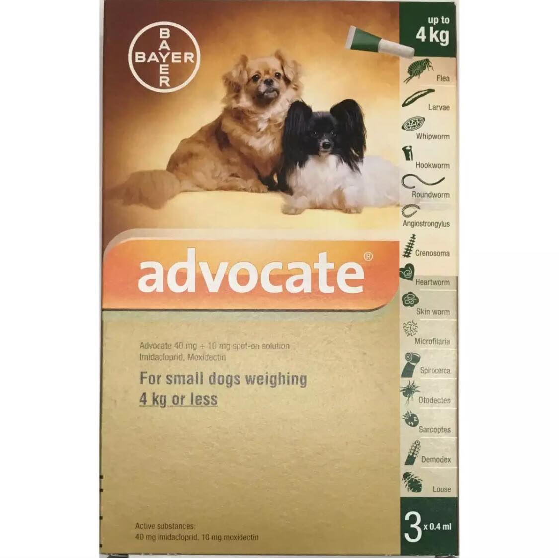 ADVOCATE ยาหยดป้องกันพยาธิหนอนหัวใจ สำหรับสุนัขน้ำหนักไม่เกิน 4 KG.