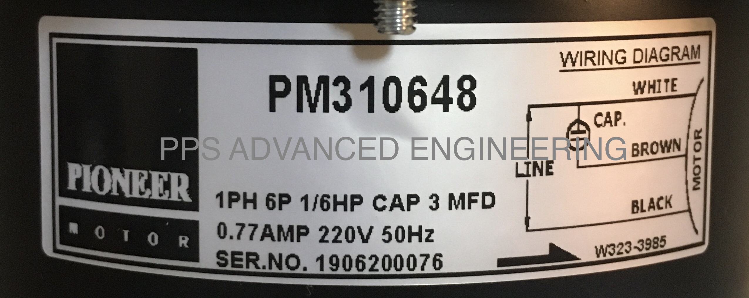 มอเตอร์แอร์คอยล์ร้อน ยี่ห้อ PIONEER แบบปีก 1/6 HP Motor Condensing ‘PIONEER’ Model: PM310648