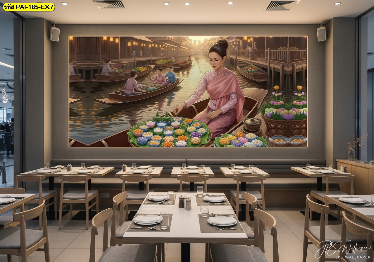 วอลเปเปอร์แม่ค้าขนมไทยบนเรือในย่านตลาดน้ำ เพิ่มความละมุนให้ผนังร้านอาหารโทนอบอุ่นและช่วยเล่าเรื่องราวแบบไทย