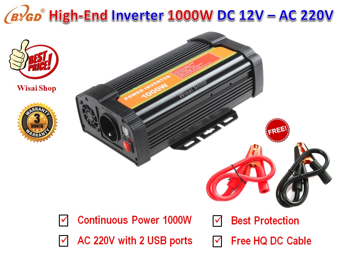 BYGD Hi-End อินเวอร์เตอร์ Inverter ขนาด 1000W แปลงไฟแบตเตอรี่ DC 12V เป็น AC 220V มาพร้อมกับ 2 USB Ports DC 5V รุ่น P1000U