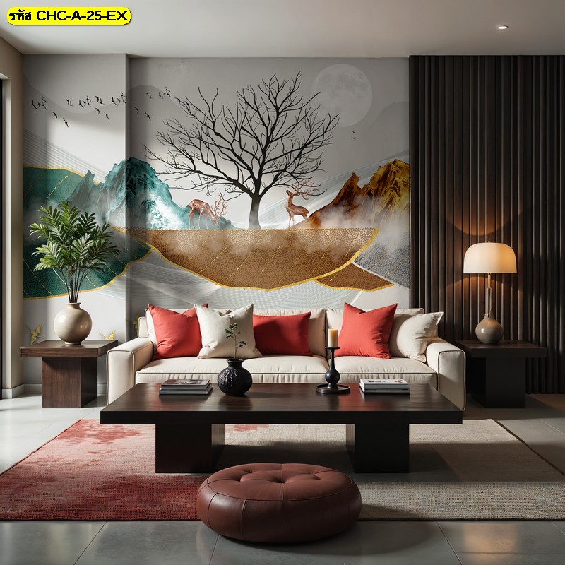 วอลเปเปอร์สั่งผลิต ภาพต้นไม้แห้งและกวาง นำเสนอ ความสงบและความงามแบบเอเชียในห้องนั่งเล่น