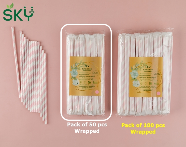SKY [แพ็คห่อพลาสติก 50ชิ้น] สีชมพูริ้วขาว หลอดเยื่อกระดาษธรรมชาติ - ห่อซองกระดาษแยกชิ้น