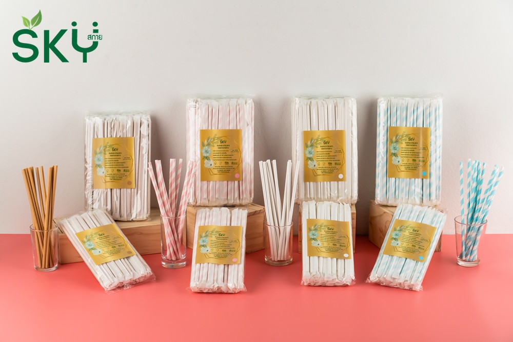 SKY [แพ็คห่อพลาสติก 50ชิ้น] สีน้ำตาล หลอดเยื่อกระดาษธรรมชาติ - ห่อซองกระดาษแยกชิ้น