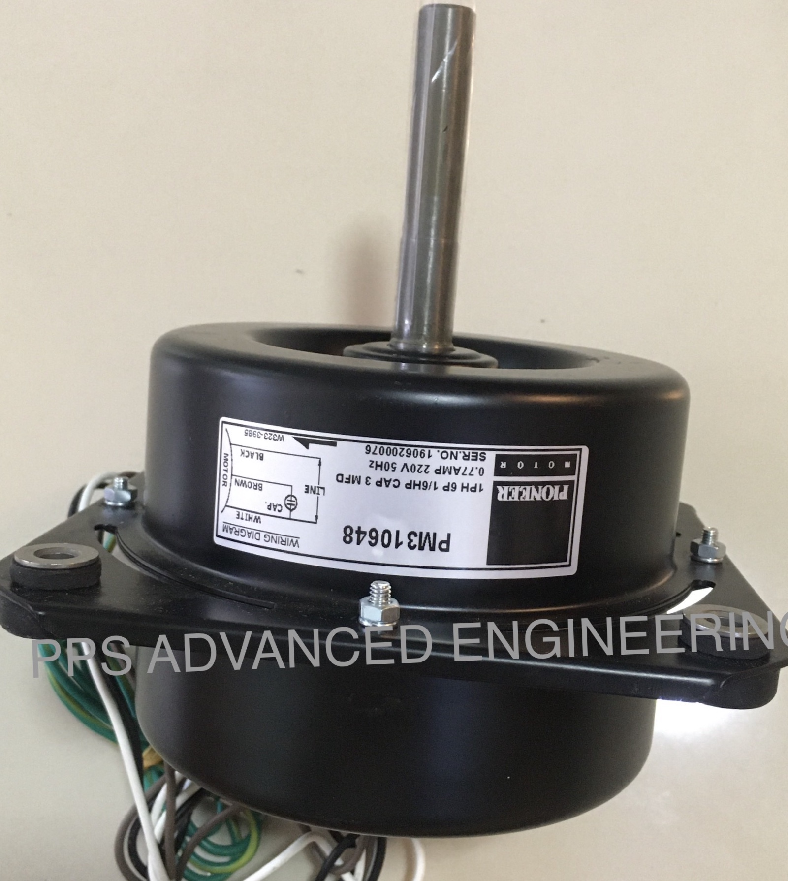 มอเตอร์แอร์คอยล์ร้อน ยี่ห้อ PIONEER แบบปีก 1/6 HP Motor Condensing ‘PIONEER’ Model: PM310648