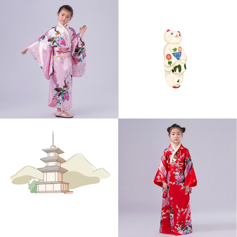 7C193 7C194 ชุดเด็กหญิง ชุดกิโมโน ชุดยูกาตะ ชุดเกอิชา ชุดซามูไร Kimono Yukata Pink Colour Costumes
