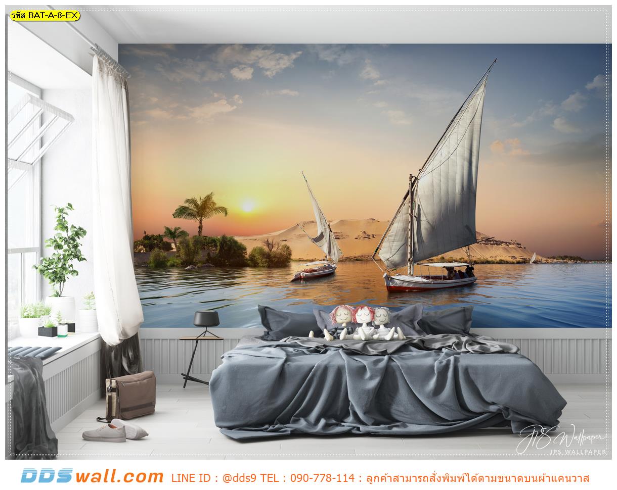 รับติด ภาพศิลปะ ผ้าCanvas แต่งห้องนอน ลายเรือใบสองลำริมฝั่งยามพระอาทิตย์ตก วิวธรรมชาติเติมความสุข สดชื่น