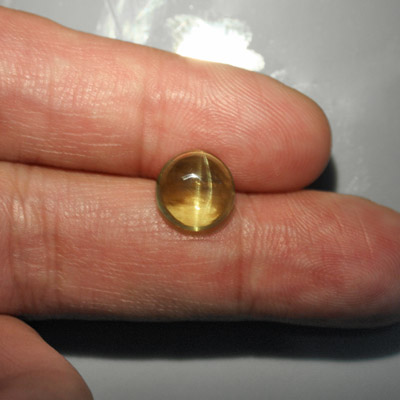 อะพาไทท์ตาแมว (Cat's eye Apatite) 4.56 กะรัต เนื้อใส สีเขียวอมเหลือง รูปร่างกลม
