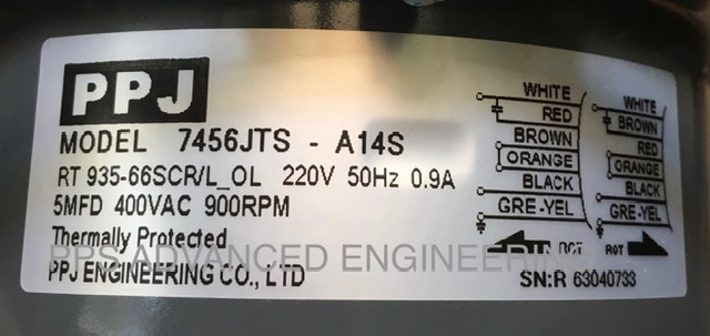 Motor condensing ; Model : 7456JTS-A14S , 220V, 50Hz, 0.9A CAP 5MFD 400V 900RPM /พร้อม Cap 5Uf