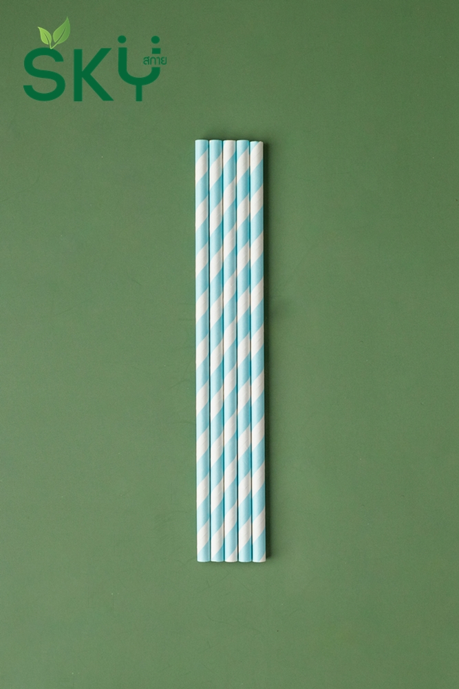SKY [กล่อง 100ชิ้น] สีฟ้าริ้วขาว หลอดเยื่อกระดาษธรรมชาติ - ชนิดไม่ห่อกระดาษแยกชิ้น