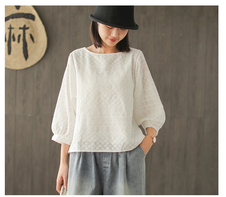 เสื้อลูกไม้ผ้าฝ้ายลินิน สีขาว เสื้อผ้าแฟชั่นผู้หญิง