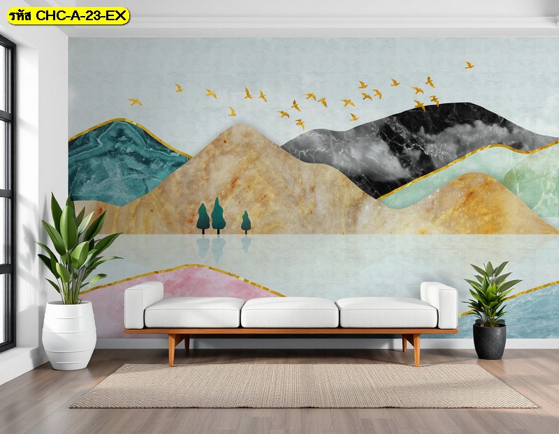 วอลเปเปอร์ภาพพิมพ์ ลายภูเขาสีพาสเทล นำเสนอ ความอ่อนโยนและทันสมัยสำหรับพื้นที่รับรอง