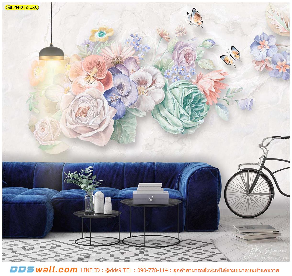 รับติด ภาพแคนวาส แต่งห้องรับแขก ลายดอกไม้หลายสีโทนพาสเทล ดอกไม้สีอ่อน เพิ่มรถจักรยานคันเก่ง สร้างกลิ่นไอวินเทจย้อนยุค