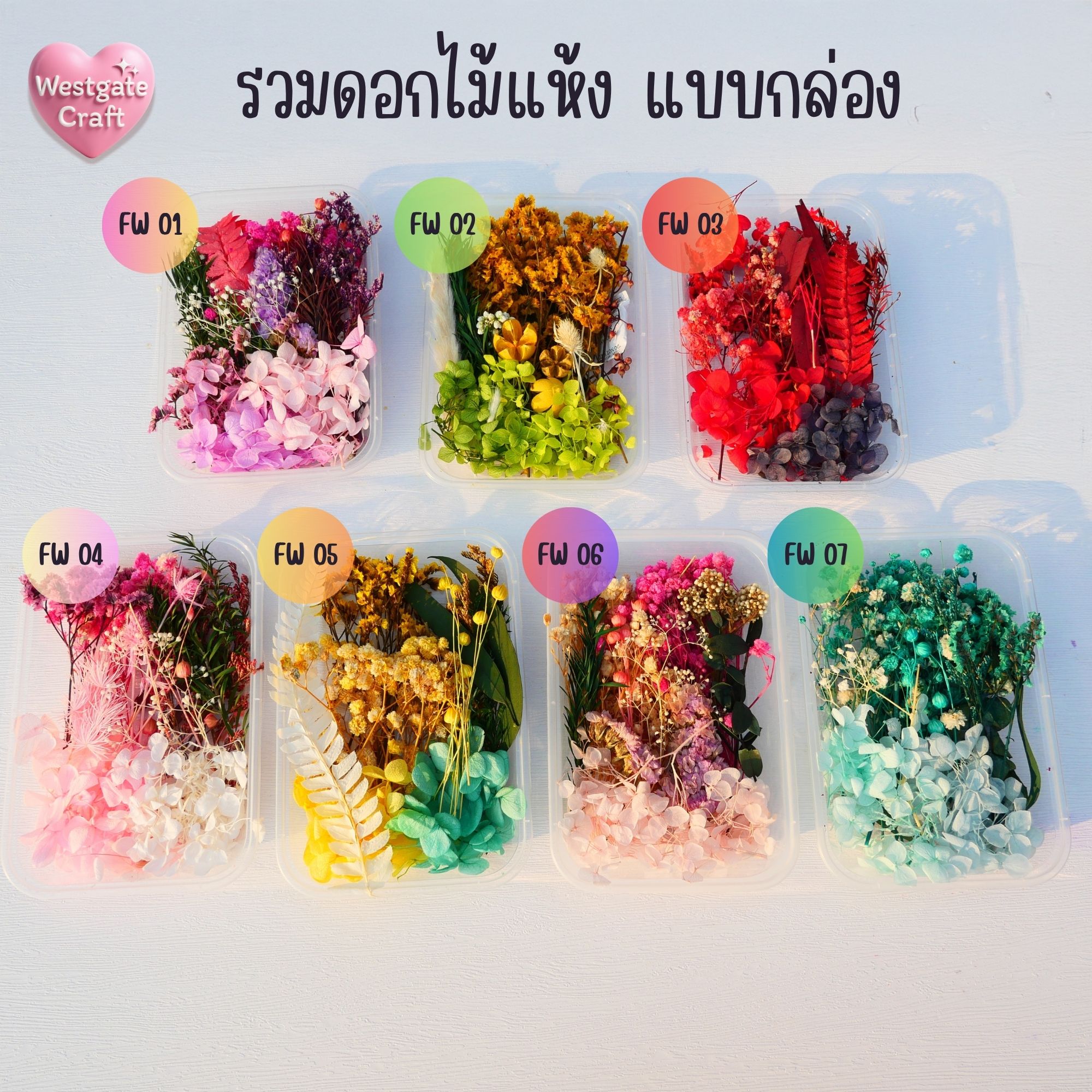 รวมดอกไม้แห้ง แบบกล่อง คละขนาด FW 01-07 , ดอกไม้แห้งจริง