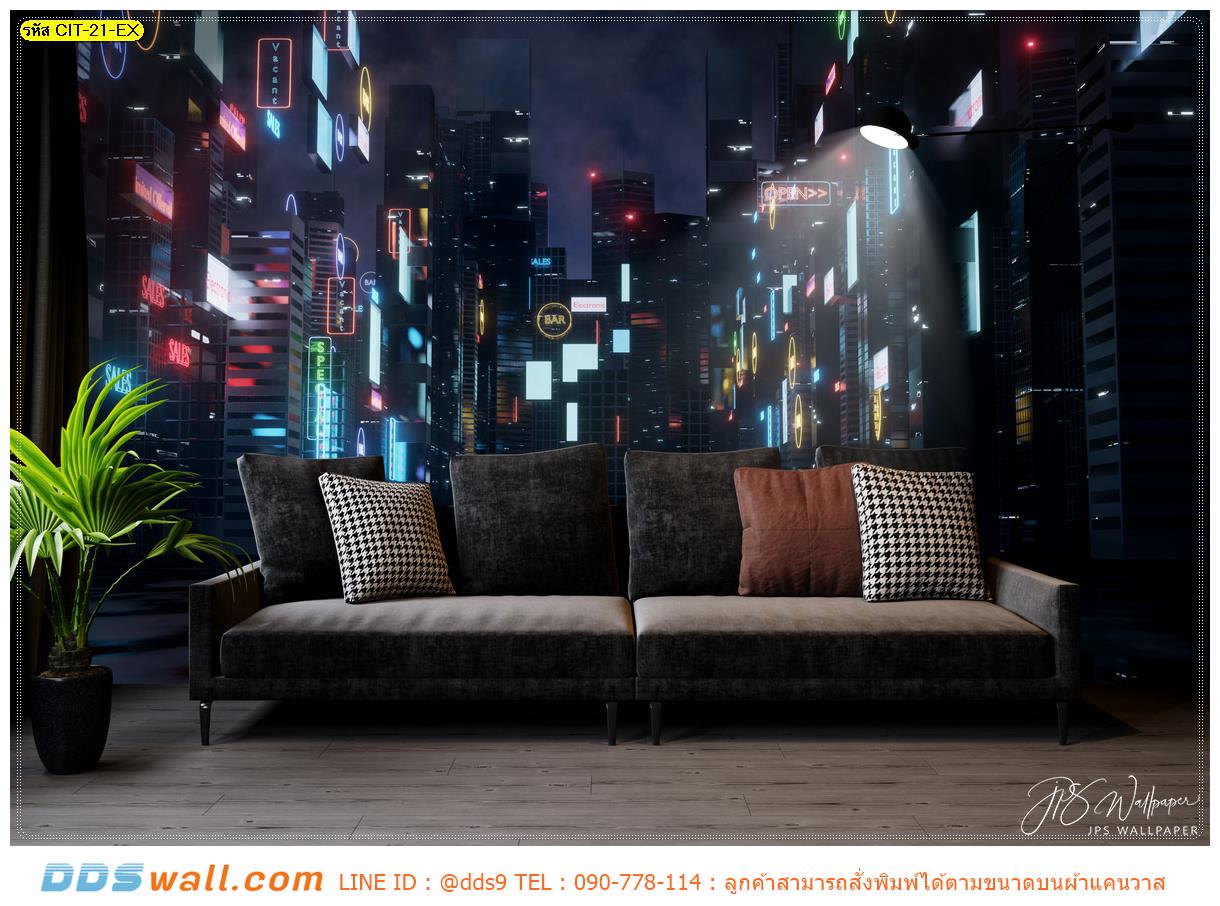 รับติด ภาพศิลปะ ผ้าCanvas แต่งห้องนั่งเล่น ภาพวิวตึกยามดึก ให้ความรู้สึกหรูหรา