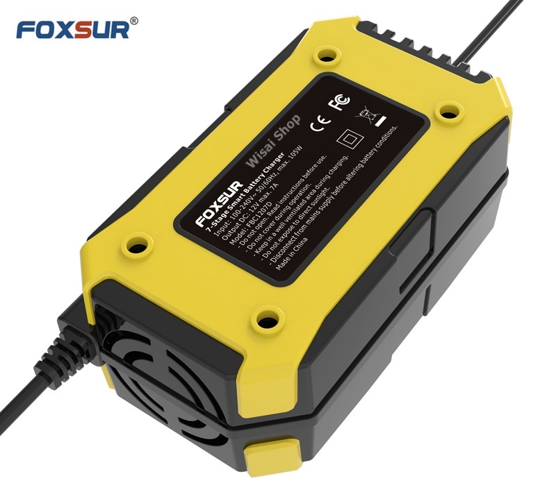 FOXSUR เครื่องชาร์จ 12V สลายซัลเฟตและฟื้นฟูแบตเตอรี่รถยนต์และรถจักรยานยนต์ Car/Motorcycle Smart Battery Charger / Pulse Repair Charger 12V 7A/ 6-120Ah รุ่น FBC1207D
