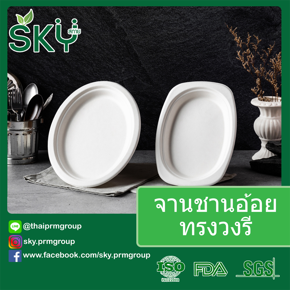 [ยกลัง250 ชุด] SKY จานอาหารชานอ้อยทรงวงรี 10 นิ้ว รุ่น OP010
