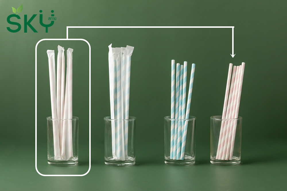 SKY [แพ็คห่อพลาสติก 50ชิ้น] สีชมพูริ้วขาว หลอดเยื่อกระดาษธรรมชาติ - ห่อซองกระดาษแยกชิ้น