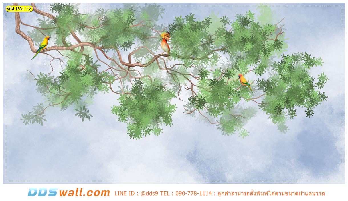 วอลเปเปอร์ภาพวาดนกยืนบนกิ่งต้นไม้ ตกแต่งผนังบ้านให้ดูสวยขึ้น