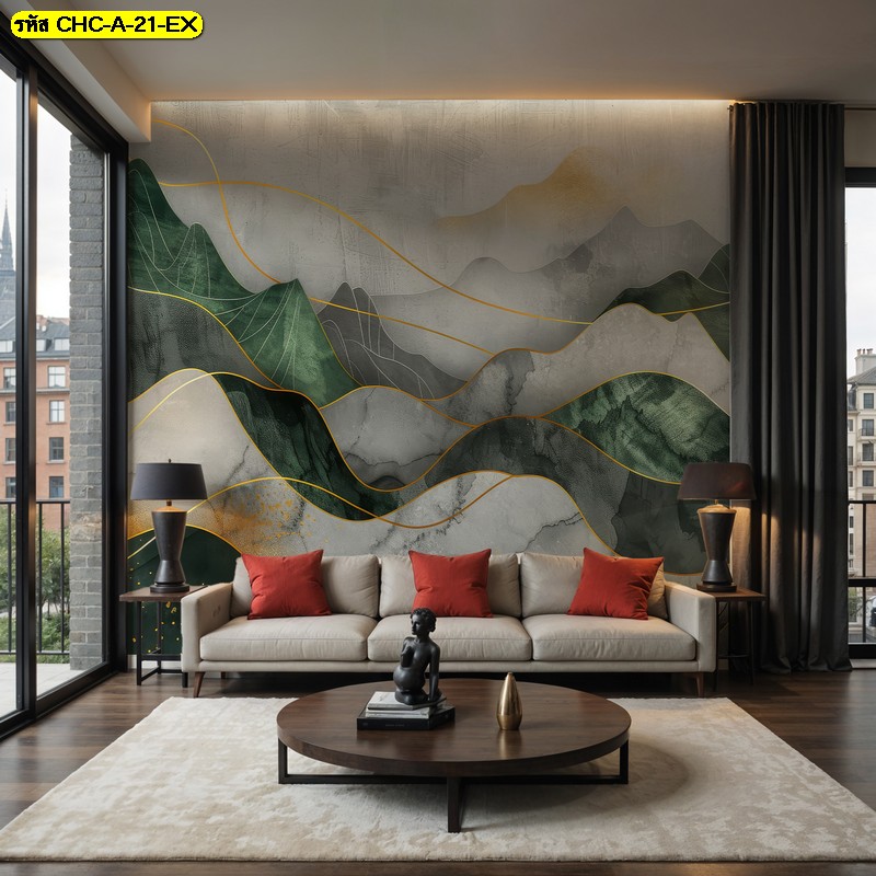 วอลเปเปอร์สั่งพิมพ์ ลายภูเขา abstract สีเขียว/เทา นำเสนอ ศิลปะสมัยใหม่ที่เข้ากับห้องนั่งเล่น