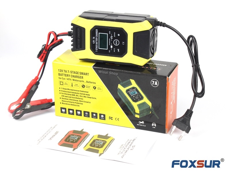FOXSUR เครื่องชาร์จ 12V สลายซัลเฟตและฟื้นฟูแบตเตอรี่รถยนต์และรถจักรยานยนต์ Car/Motorcycle Smart Battery Charger / Pulse Repair Charger 12V 7A/ 6-120Ah รุ่น FBC1207D