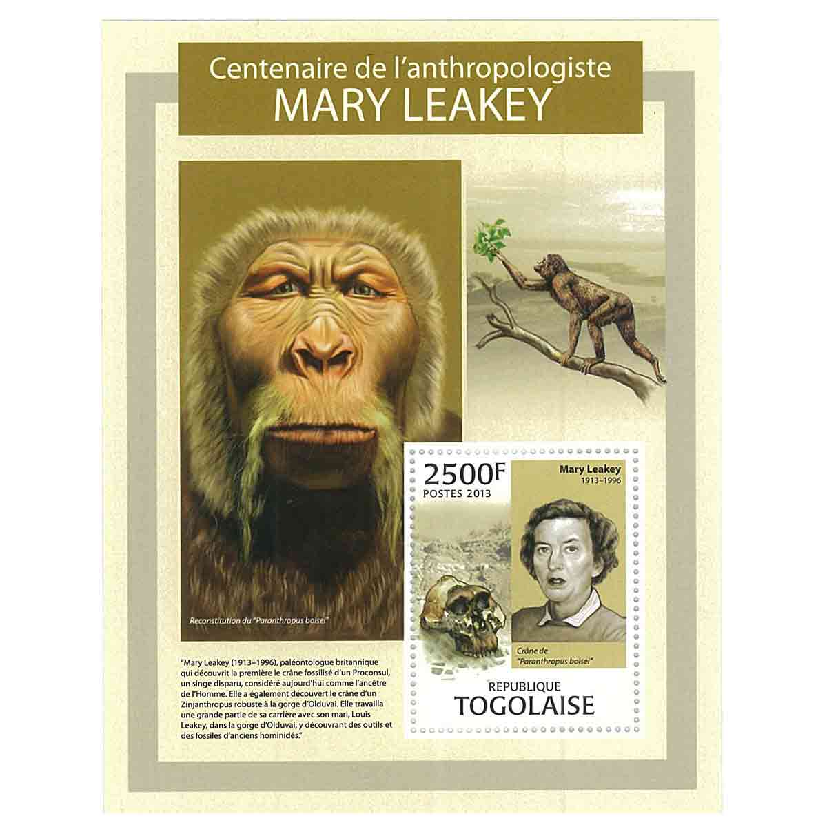 Togo Stamp, 2013 Centenary of The Anthropologist Mary Leakey, Famous People, Monkey S/S
