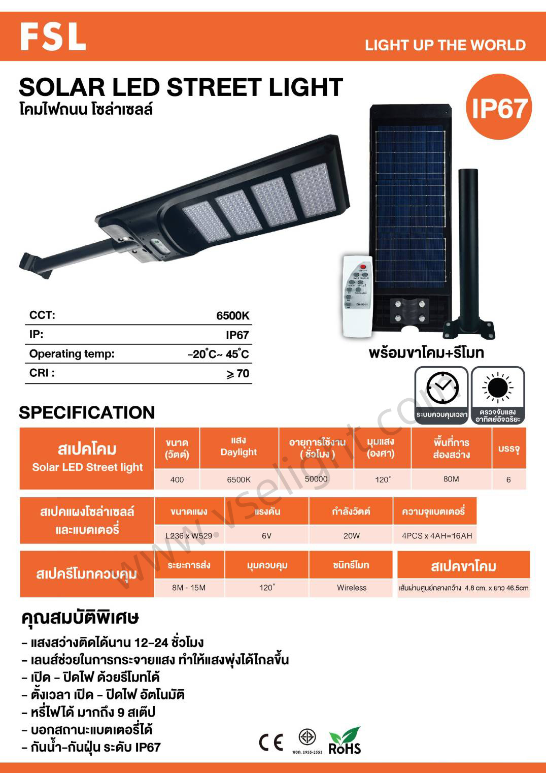 โคมถนนโซลาร์เซลล์ LED Solar Street Light FSL 100w 200w 300w 400w แสงขาว 6500K