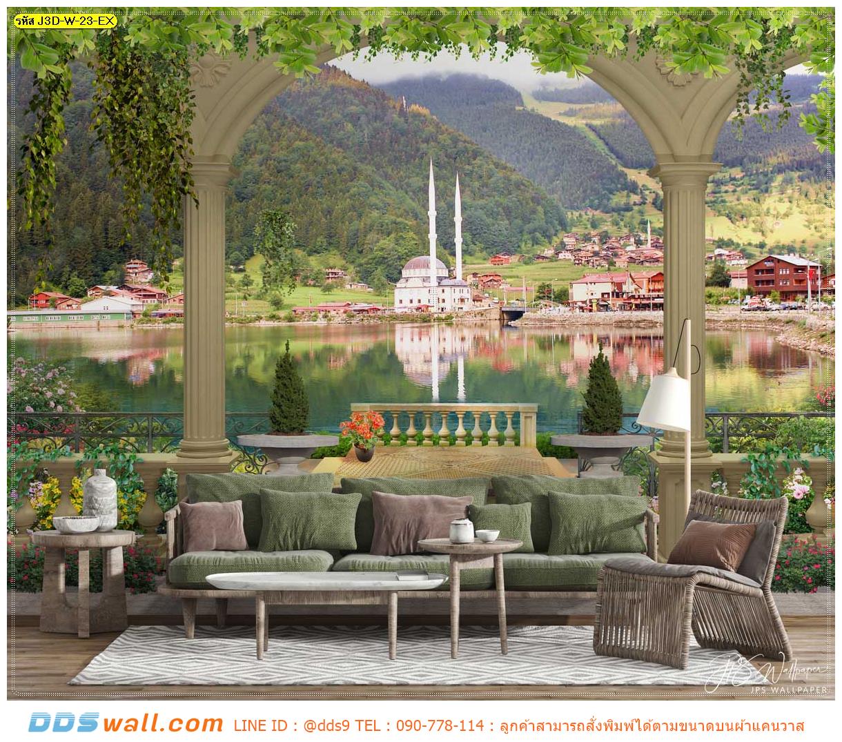 ผ้าแคนวาส ตกแต่งภายในห้องนั่งเล่น ดื่มด่ำทิวทัศน์อันสวยงามของภาพวิวภูเขาเเม่น้ำเเบบยุโรป เพิ่มความสดชื่นสบายตา สั่งพิมพ์ได้ตามขนาด
