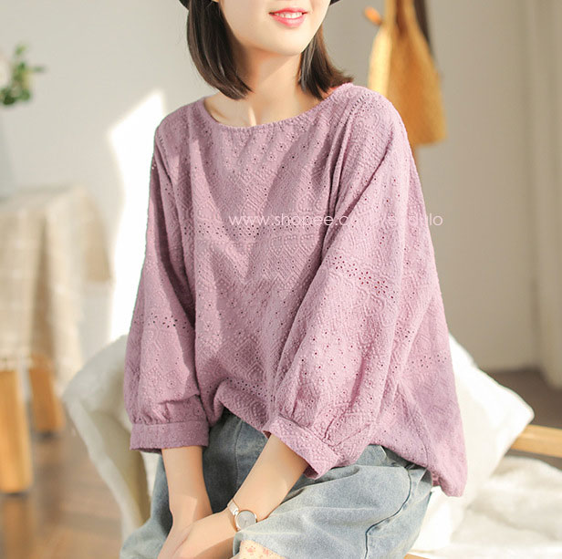 เสื้อลูกไม้ผ้าฝ้ายลินิน สีม่วงหม่น เสื้อผ้าแฟชั่นผู้หญิง