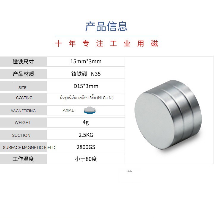 MUISUNGSHOP แม่เหล็ก Neodymium ทรงกระบอกขนาด15 mm มีหลายความหนาแรงดูดสูง แม่เหล็กทดลองวิทยาศาสตร์ อุปกรณ์สำหรับงาน DIY