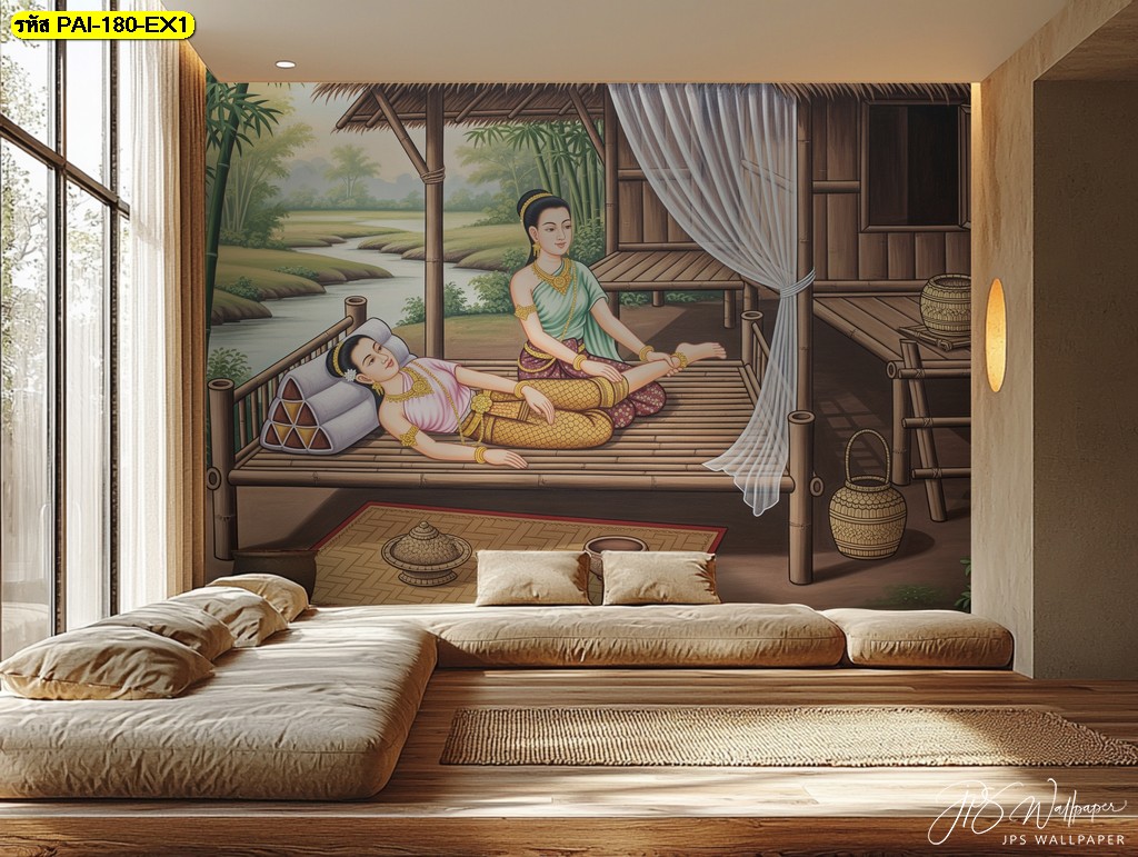 วอลเปเปอร์ลายไทยฉากบ้านไม้ริมลำธาร ช่วยเพิ่มความอบอุ่นและกลิ่นอายพื้นบ้านให้พื้นที่พักผ่อนดูผ่อนคลาย