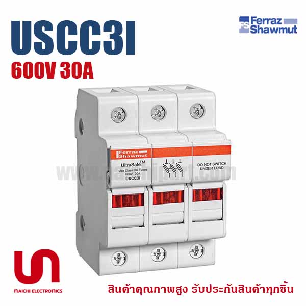 ฐานฟิวส์ Mersen Ferraz , USCC3I , Fuse Holders 600V 30A Class CC 3-pole Light Indicator