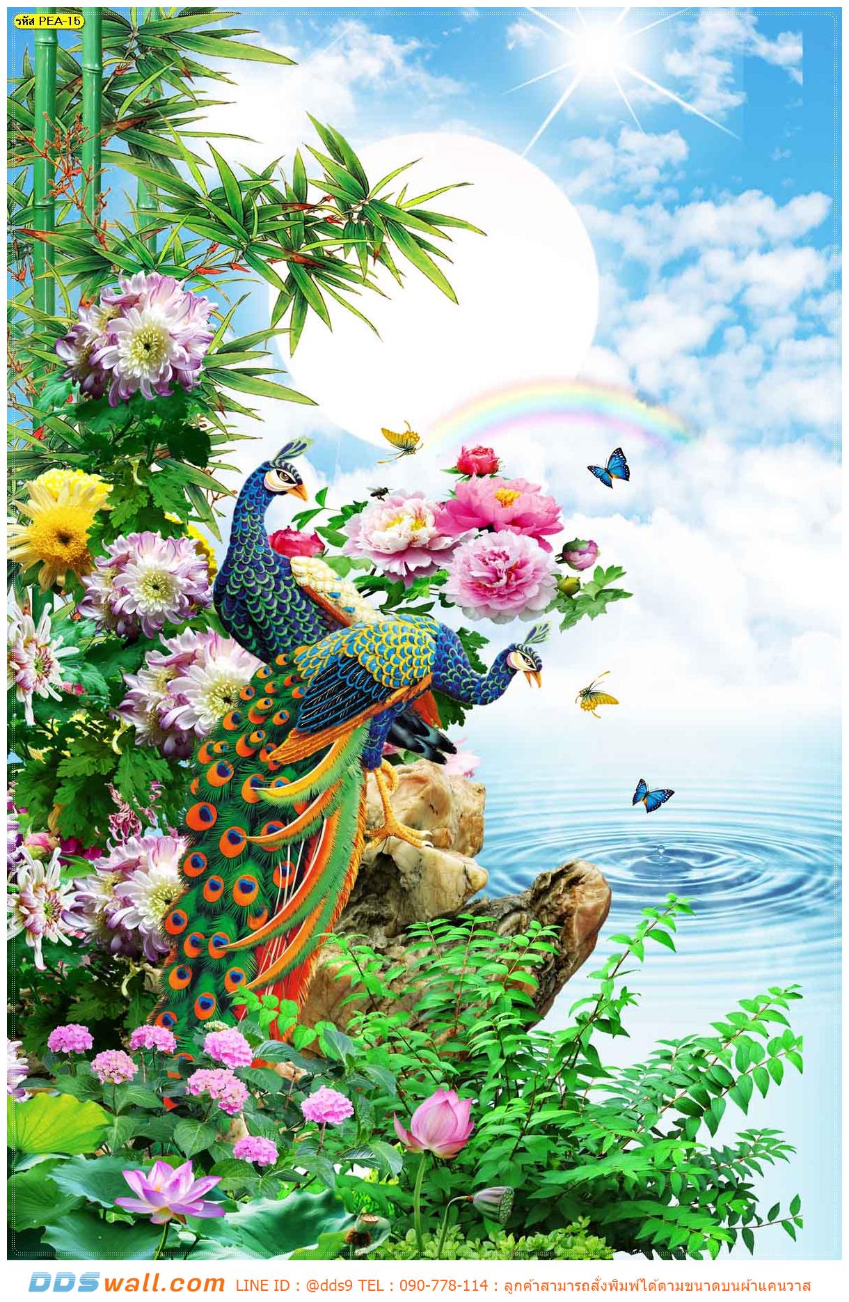 ภาพวิว ภาพศิลปะ ผลิต 2-3 วัน แต่งแต้มธรรมชาติบนผนังบ้าน ลายนกยูงในสวนดอกไม้พื้นหลังท้องฟ้า สุดคลาสสิค