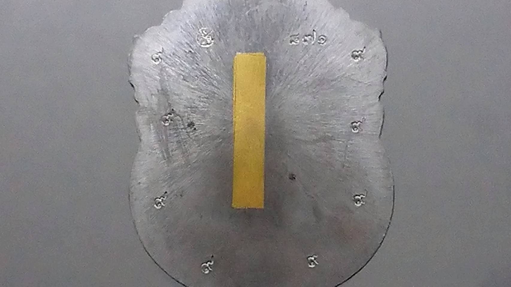 เหรียญเสมาเสือคาบดาบ รุ่น1 เนื้อตะกั่วหน้ากากทองทิพย์หลังเรียบ ตอก 9 รอบ ฝังตระกรุด หลวงพ่อพัฒน์ วัดห้วยด้วน โคท 871(SKU-03384)