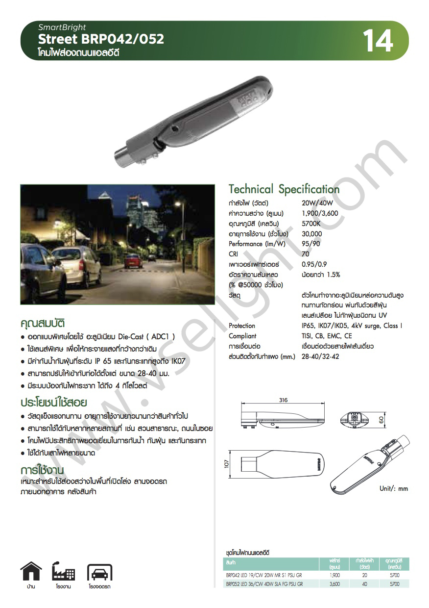 โคมถนน LED Philips 20W 40W BRP042/ BRP052 แสงขาว 5700K - Streetlight LED