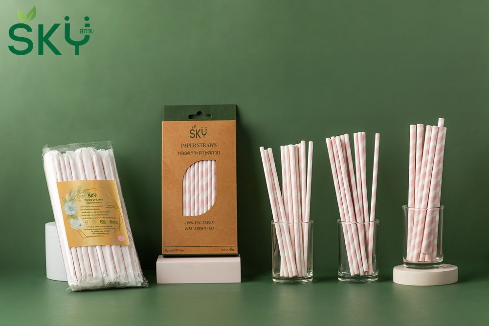SKY [กล่อง 50ชิ้น] สีชมพูริ้วขาว หลอดเยื่อกระดาษธรรมชาติ - ห่อซองกระดาษแยกชิ้น