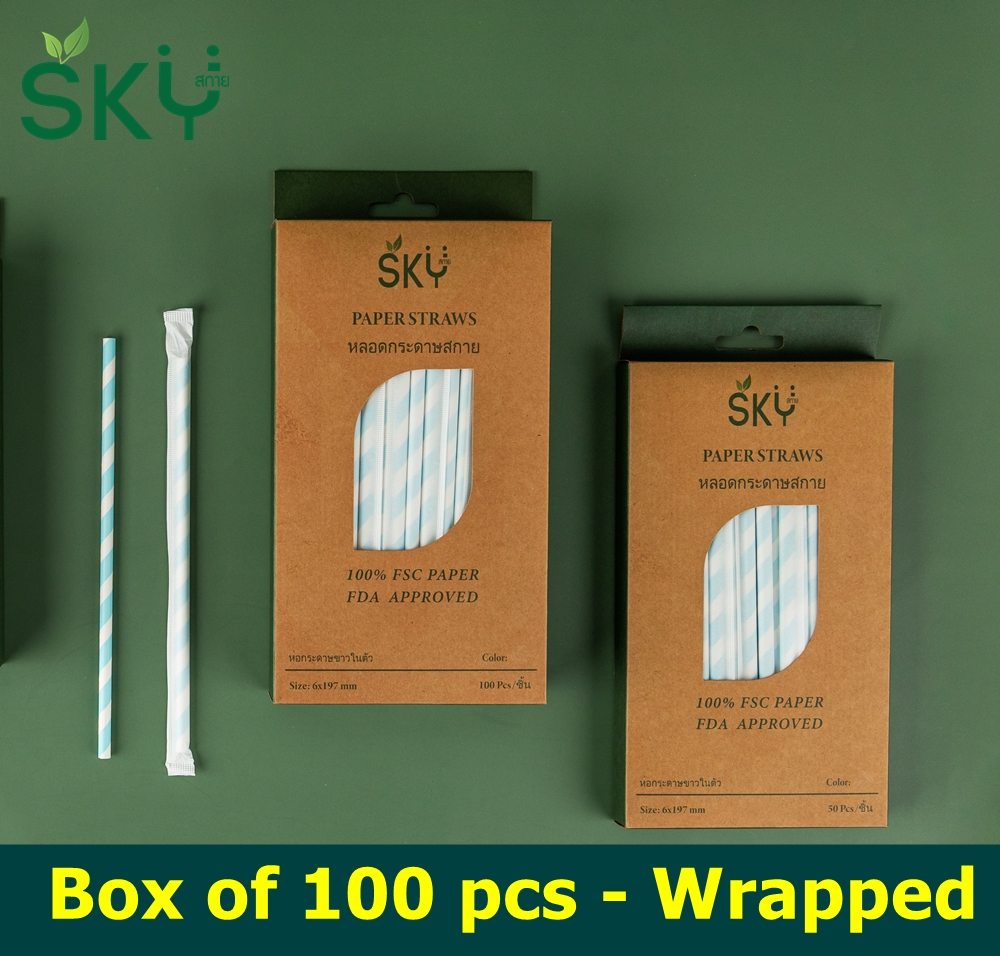 SKY [กล่อง 100ชิ้น] สีฟ้าริ้วขาว หลอดเยื่อกระดาษธรรมชาติ - ห่อซองกระดาษแยกชิ้น