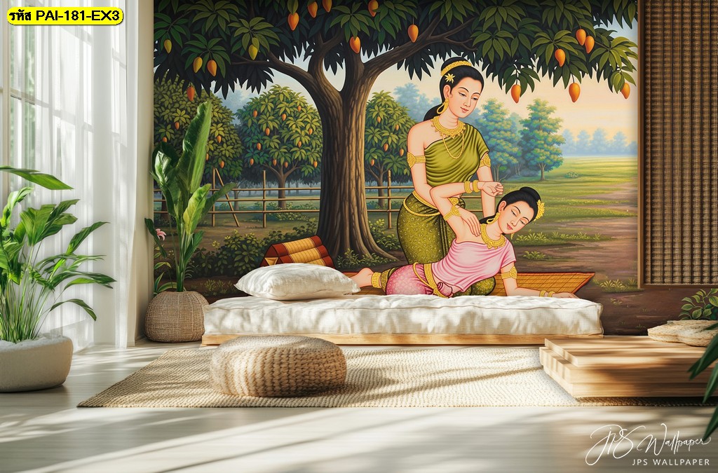วอลเปเปอร์ลายไทยฉากสวนผลไม้ ช่วยเพิ่มความอบอุ่นและความเป็นไทยให้พื้นที่พักผ่อนดูน่าสบายและมีชีวิตชีวา