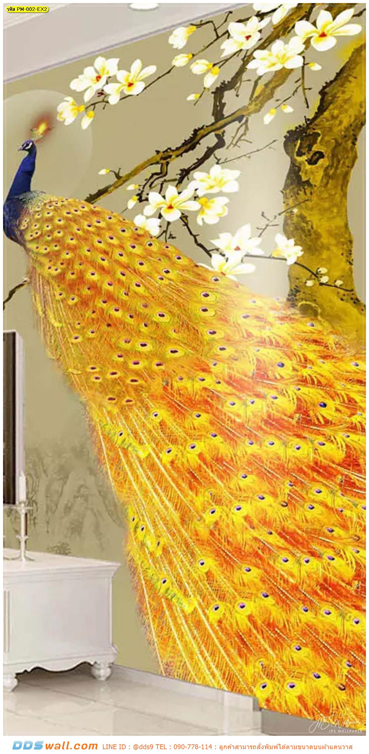 Print wallpaper ตามขนาด ภาพลายนกยูงทองสีทอง ใช้เสริมฮวงจุ้ย ตกแต่งผนังภายในบ้าน เป็นมงคลเรียกทรัพย์