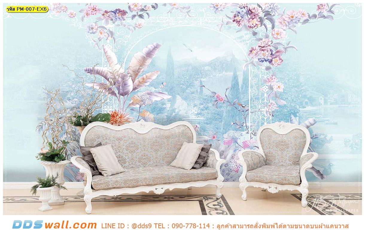 สั่งพิมพ์ ภาพศิลปะ ผ้าCanvas ตกแต่งห้องรับแขก ลายซุ้มสวนดอกไม้เกรดพรีเมี่ยมสีฟ้า กับชุดโซฟาหลุยส์ หรูหรา อลังการ