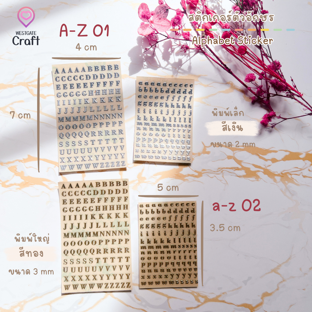 สติกเกอร์ตัวอักษร ตัวพิมพ์เล็ก alphabet sticker a-z 02 ขนาด 2 mm