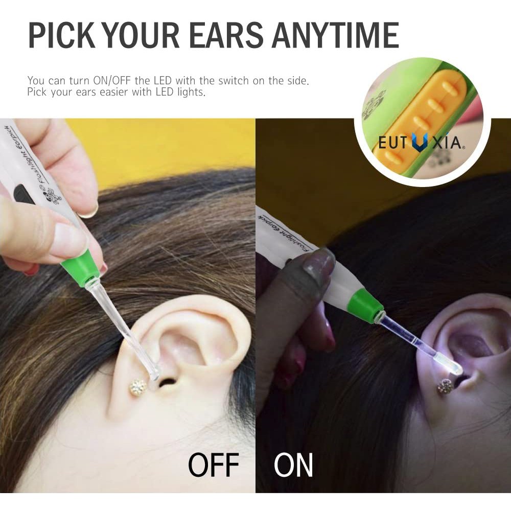 MUISUNGSHOP ที่แคะหูมีไฟ Ear Wax Remove ไม้แคะหูมีไฟLED ที่แคะหูมีไฟ ไม้ปั่นหู หัวแคะมี 3 แบบเปลี่ยนได้