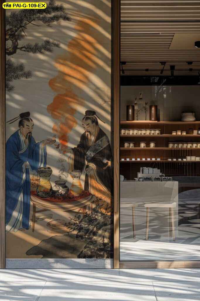 วอลเปเปอร์สั่งผลิต ภาพนักปราชญ์ชงชา ออกแบบ สร้างความสงบและภูมิปัญญาให้แก่พื้นที่ จำหน่าย พร้อม บริการติดตั้ง